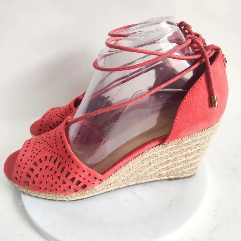 Unisa Red Laser Cut Women's Sandals Size 8 Espadrille‎ Wedge Open Toe Ankle Tie